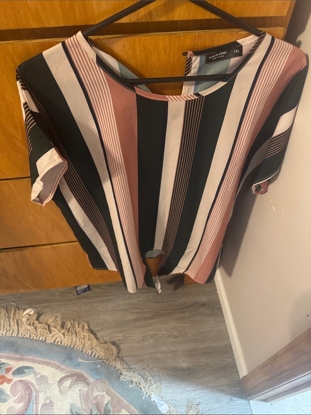 SHEIN Vertical Stripe Tie-Front Blouse in Blush, Black & White